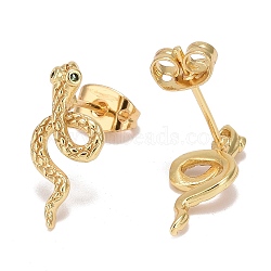 Green Cubic Zirconia Snake Stud Earrings, Brass Jewelry for Women, Lead Free & Cadmium Free, Real 18K Gold Plated, 16.5x7.5mm, Pin: 0.8mm(X-EJEW-F282-25G)