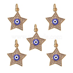 5Pcs Brass Micro Pave Cubic Zirconia Pendants, with Enamel, Long-Lasting Plated, Star with Evil Eye, Real 18K Gold Plated, 16x14x2.5mm, Hole: 3mm(KK-SZ0005-07)