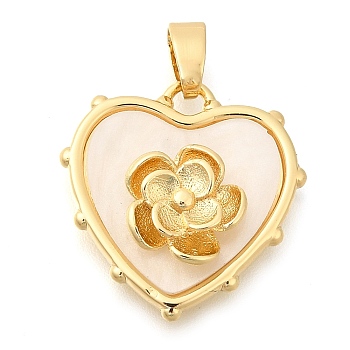 Brass Pendants, with Acrylic, Long-Lasting Plated, Heart with Flower, Golden, 18x18x5mm, Hole: 4x3mm