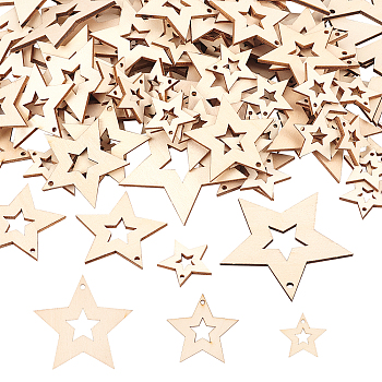 Olycraft Hollow Natural Wood Pendants, Undyed, Wood Slice, Star, Blanched Almond, 200pcs/set