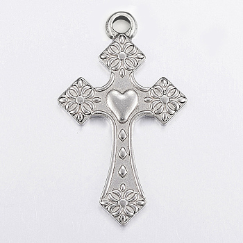 304 Stainless Steel Pendants, Cross with Heart, Stainless Steel Color, 50x31x3mm, Hole: 2.5mm