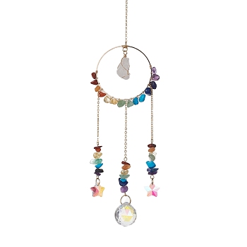 Chakra Gemstone Chips & Brass Ring Pendant Decorations, with Star & Round Glass Charm, for Home Decorations, 260mm, Hole: 10mm