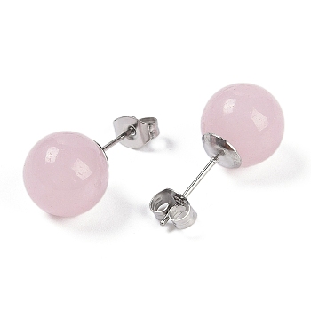 Natural Rose Quartz Stud Earrings, with 304 Stainless Steel Findings, Round, 22.5x10.5mm