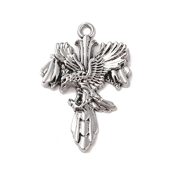 Tibetan style Alloy Pendants, Eagle with Sword Charm, Antique Silver, 47.5x32.5x5mm, Hole: 3mm