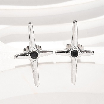 Cross 304 Stainless Steel Stud Earrings, with Rhinestone, Stainless Steel Color, 23x14mm