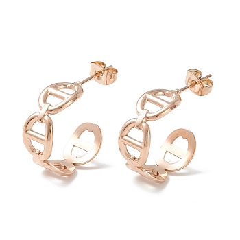 304 Stainless Steel C-shape Stud Earrings, Oval Link Wrap Half Hoop Earrings for Women, Rose Gold, 21.5x20.5x7mm, Pin: 0.7mm