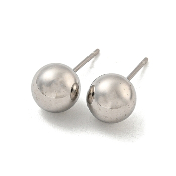 304 Stainless Steel with 201 Stainless Steel Smooth Round Ball Stud Earring Findings, Stainless Steel Color, 19x8x8mm