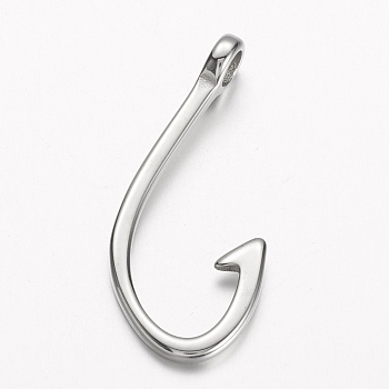 304 Stainless Steel Hook Clasps, Fish Hook Charms, Stainless Steel Color, 39.5x17x7mm, Hole: 4mm