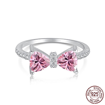 Rhodium Plated 925 Sterling Silver Finger Rings, Birthstone Ring, with Cubic Zirconia Bowknot & 925 Stamp for Women, Real Platinum Plated, Pearl Pink, 1.2mm, US Size 7(17.3mm)