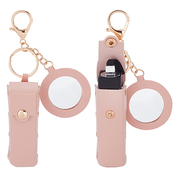 PU Leather Lipstick Storage Bags, Portable Lip Balm Organizer Holder for Women Ladies, with Light Gold Tone Alloy Keychain and Mirror, Pink, 15.1cm