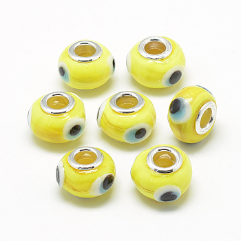 Handmade Evil Eye Lampwork European Beads, with Brass Double Cores, Large Hole Beads, Rondelle, Platinum, Yellow, 14~15x10~11mm, Hole: 5mm