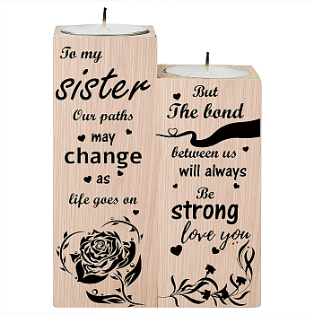 Wood Candle Holder, with Candles inside, Rectangle with Word, Flower Pattern, 120x45mm, 100x45mm, 2pcs/set