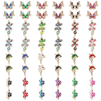 48Pcs 24 Style Alloy Enamel Connector Charms, Animals Links with Crystal Rhinestone, Light Gold, Cadmium Free & Nickel Free & Lead Free, Mixed Color, 22~30x12~16x1.5~3mm, Hole: 1.5~1.6mm, 2pcs/style