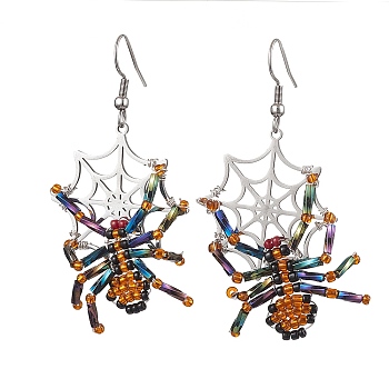 Halloween Braided Glass Seed Beads & 201 Stainless Steel Dangle Earrings, Spider & Web Dangle Earrings for Women, Stainless Steel Color, 62.5x38mm