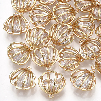 Brass Cubic Zirconia Charms, Hollow, Shell, Clear, Real 18K Gold Plated, 12.5x12.5x7mm, Hole: 0.8mm