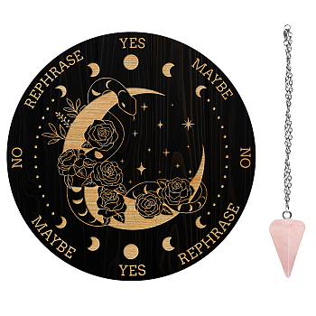 AHADEMAKER 1Pc Cone/Spike/Pendulum Natural Rose Quartz Stone Pendants, 1Pc 304 Stainless Steel Cable Chain Necklaces, 1Pc PVC Custom Pendulum Board, Dowsing Divination Board, Snake Pattern, Board: 200x4mm