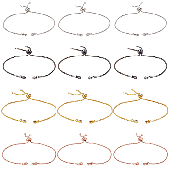 12Pcs 4 Colors Rack Plating Adjustable Brass Slider Bracelet Making, with Cubic Zirconia, Long-Lasting Plated, Lead Free & Cadmium Free, Fit for Connector Charms, Mixed Color, Single Chain Length: 12.5cm, Hole: 1mm, 3pcs/color