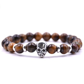 Natural Tiger Eye Stretch Bracelets, Skull