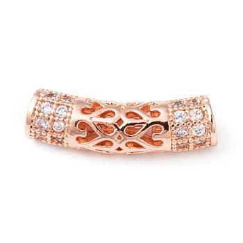 Brass Micro Pave Cubic Zirconia Beads, Hollow, Curve Tube, Rose Gold, 21x6mm, Hole: 2.8mm