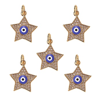 5Pcs Brass Micro Pave Cubic Zirconia Pendants, with Enamel, Long-Lasting Plated, Star with Evil Eye, Real 18K Gold Plated, 16x14x2.5mm, Hole: 3mm