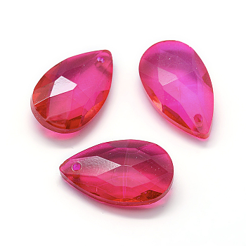 Faceted Glass Pendants, Teardrop, Hot Pink, 22x13x8.5mm, Hole: 1mm