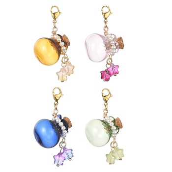 Glass Empty Wishing Bottles Pendant Decorations, with Stainless Steel Lobster Claw Clasps and Star Charms for Bag Ornaments , Mixed Color, 50.5~51.5mm, 4pcs/set.