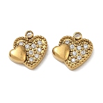 304 Stainless Steel Micro Pave Clear Cubic Zirconia Charms, Heart Charms, Polishing, Ion Plating(IP), Real 18K Gold Plated, 11x11x2.5mm, Hole: 1.3mm(CU-CBAF0F8-03A-G)