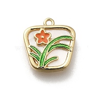 Brass Pave Natural White Shell Trapezoid Charms, Orange Red Enamel Flower Charms, Real 18K Gold Plated, 12.5x12x2mm, Hole: 1.2mm(KK-K378-60G)