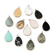 Natural & Synthetic Mixed Gemstone Pendants, Teardrop Charms, with Light Gold Tone Brass Findings, Mixed Dyed and Undyed, 40x26x3mm, Hole: 2mm(G-D061-01A)