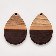 Resin & Walnut Wood Pendants, Waxed, Teardrop, Coconut Brown, 36x25x3mm, Hole: 2mm(RESI-S384-002A-A03)