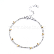 304 Stainless Steel 2-strand Round Snake Chain Bracelets, with Round Beads and Lobster Claw Clasps, Golden & Stainless Steel Color, 8-1/8 inch(20.5cm)(BJEW-L673-014-GP)