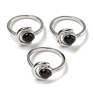 Natural Black Agate Adjustable Rings, with Platinum Brass Findings, Long-Lasting Plated, Jewely for Women, Moon with Round, US Size 8(18.1mm).(RJEW-K269-09P-03)