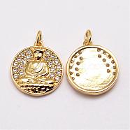 Brass Pendants, Micro Pave Grade AAA Cubic Zirconia, Flat Round with Buddha, Cadmium Free & Nickel Free & Lead Free, Real 18K Gold Plated, 16x14x2.5mm, Hole: 2mm(ZIRC-G022-04-NR)