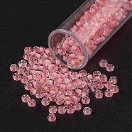 11/0 Grade A Round Glass Seed Beads, Transparent Inside Colours, Light Coral, 2.3x1.5mm, Hole: 1mm, about 48500pcs/pound(SEED-N001-D-211)