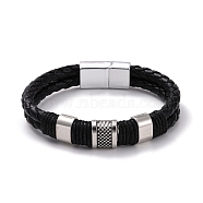 Retro Leather Braided Cord Bracelet for Men, Rectangle Alloy Beads Bracelet with Magnetic Clasps, Antique Silver, Black, 8-1/2 inch(21.5cm)(X-BJEW-A039-01B)