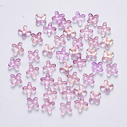 Transparent Spray Painted Glass Beads, with Glitter Powder, Clover, Plum, 8x8x3mm, Hole: 0.9mm(GLAA-R211-06-C04)