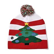 LED Light Up Christmas Acrylic Fibers Yarn Cuffed Beanies Cap, Winter Warmer Knit Hat for Women, with Built-in Battery and Switch, Christmas Tree, 285x240x13.5mm, Inner Diameter: 145mm(AJEW-F063-04)