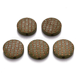 Painted Natural Wood Beads, Laser Engraved Pattern, Flat Round, Olive, 15x5mm, Hole: 1.8mm(WOOD-N006-05G)