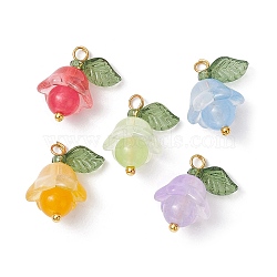 Natural Malaysia Jade & White Jade Dyed Pendants, Flower Charms with with Transparent Two Tone Spray Painted Glass Leaf, Mixed Color, 17x14x10mm, Hole: 1.8mm(PALLOY-JF02433)