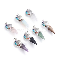 Natural & Synthetic Mixed Gemstone Big Chakra Pendants, with Platinum Plated Brass Findings, Tree of Life & Cone, 65x23x14mm, Hole: 5x8mm(G-E566-06)