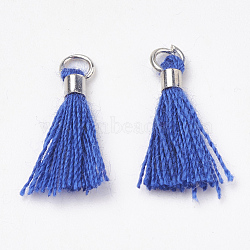 Polycotton(Polyester Cotton) Tassel Pendant Decorations, Mini Tassel, with Brass Findings, Platinum, Blue, 10~15x3~4mm, Hole: 2mm(FIND-S275-13P)