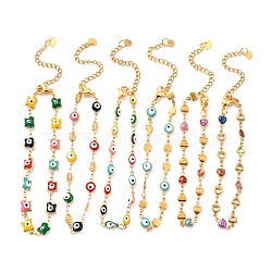 304 Stainless Steel Link Chain Bracelets, with Enamel and Glitter Powder, Mixed Shapes, Colorful, Golden, 7-1/2~8-1/8 inch(19.2~20.7cm)(BJEW-P267-G)