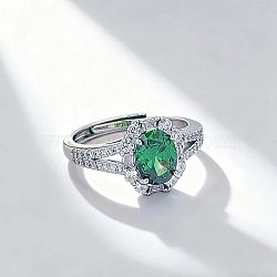 Brass Micro Pave Cubic Zirconia Finger Rings, Oval, Platinum, Green, Inner Diameter: Adjustable(FS-WG962D3-02)