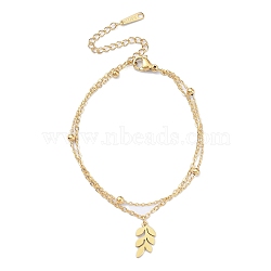 304 Stainless Steel Cable & Satellite Chains Double Layer Multi-strand Bracelet, with Leaf Charms, Golden, 6-5/8 inch(16.9cm)(BJEW-E092-07G)