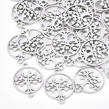 201 Stainless Steel Links connectors, Laser Cut Links, Flat Round with Tree of Life, Stainless Steel Color, 19x15x1mm, Hole: 1.8mm
