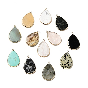 Natural & Synthetic Mixed Gemstone Pendants, Teardrop Charms, with Light Gold Tone Brass Findings, Mixed Dyed and Undyed, 40x26x3mm, Hole: 2mm
