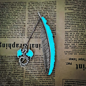 Luminous Alloy Feather Bookmark, Dragon Pendant Bookmark, Glow in The Dark, Antique Silver, 123mm