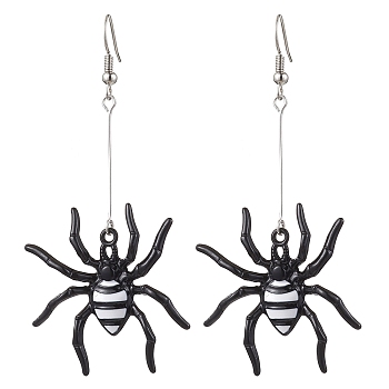 Alloy Enamel Dangle Earrings, Spider, Black, 77x35mm