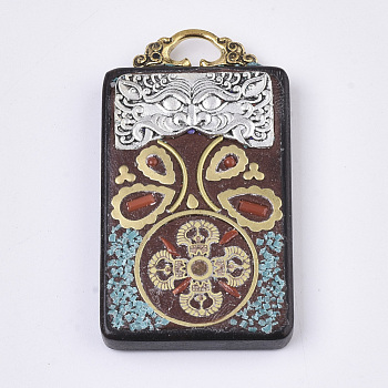 Buddha Theme Handmade Indonesia Big Pendants, with Alloy Findings, Sandalwood and Resin, Antique Golden and Antique Silver, Rectangle, FireBrick, 57~58x32~33.5x8mm, Hole: 9x6mm