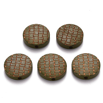 Painted Natural Wood Beads, Laser Engraved Pattern, Flat Round, Olive, 15x5mm, Hole: 1.8mm